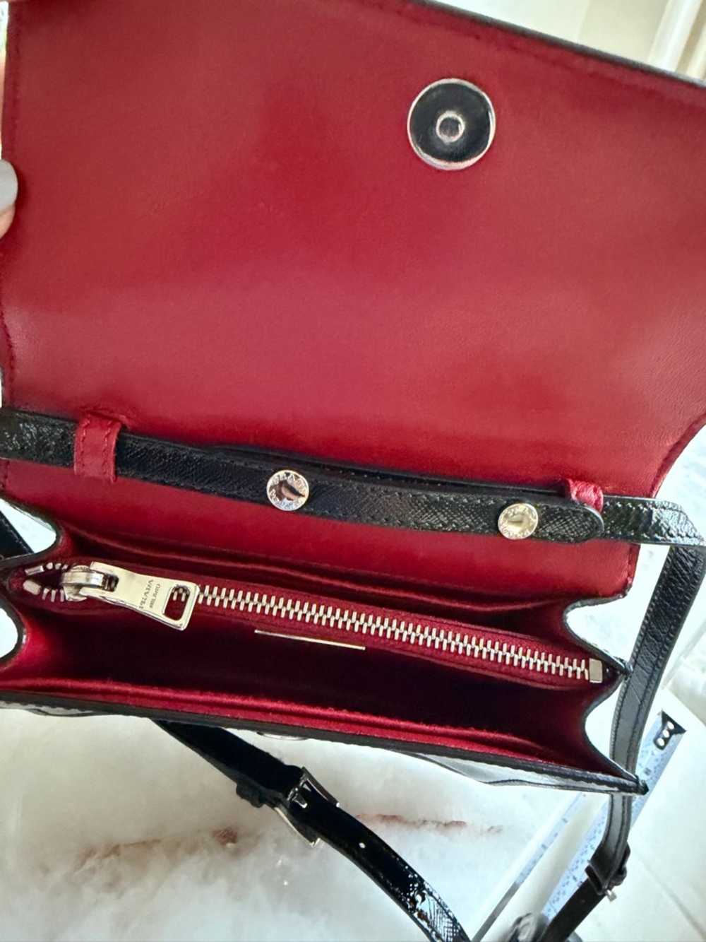PRADA  Black Saffiano & Red Interior Leather Metal Crossbody Shoulder Bag Clutch - Picture 6 of 15